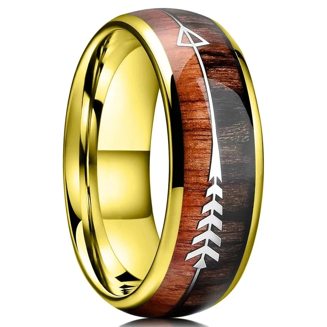Fashion 8mm silver color stainless steel arrow rings for men women inlaid hawaiian koa wood wedding band jewelry gifts