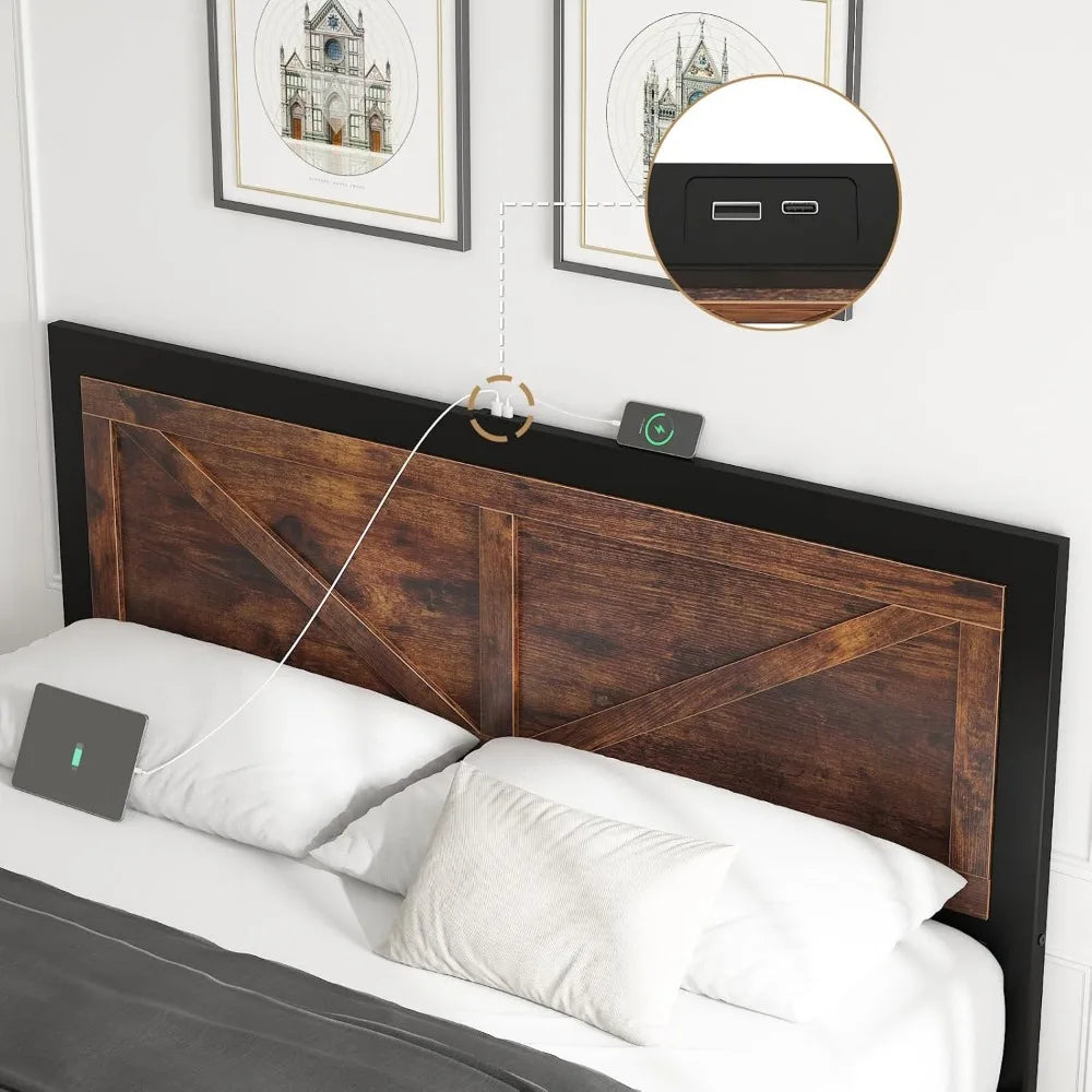 Led bed frame king size with charging station industrial platform rustic barn door wood headboard strong metal