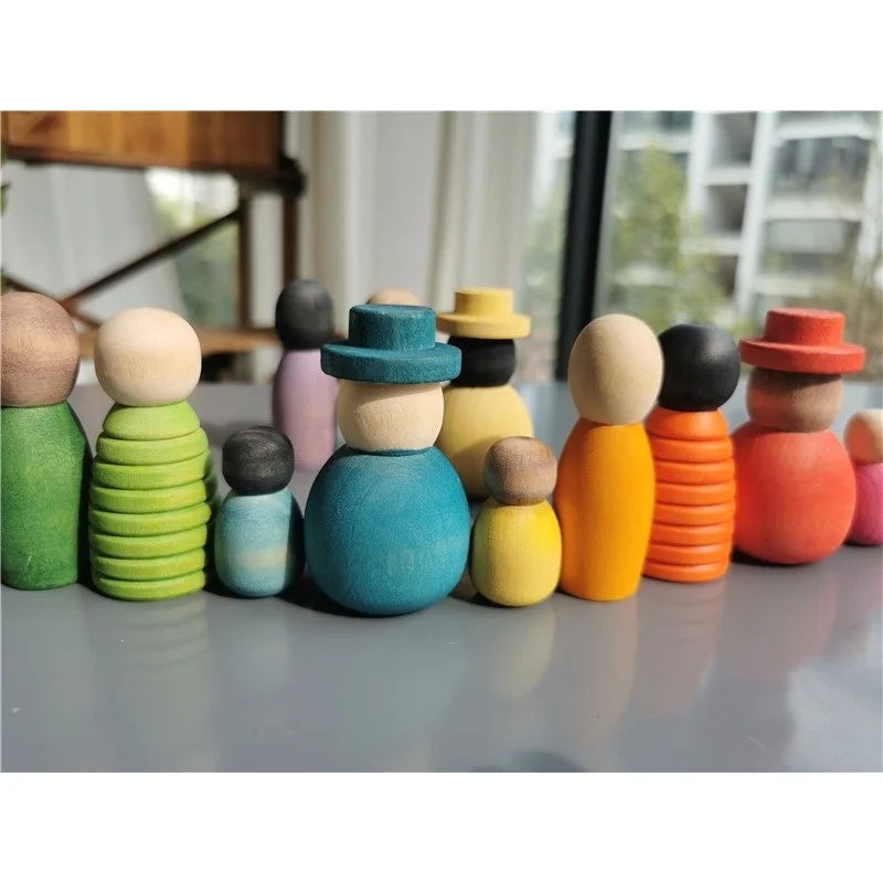 Wooden montessori toys handmade rainbow peg dolls together stacking figurines blocks for children open-ended play - game