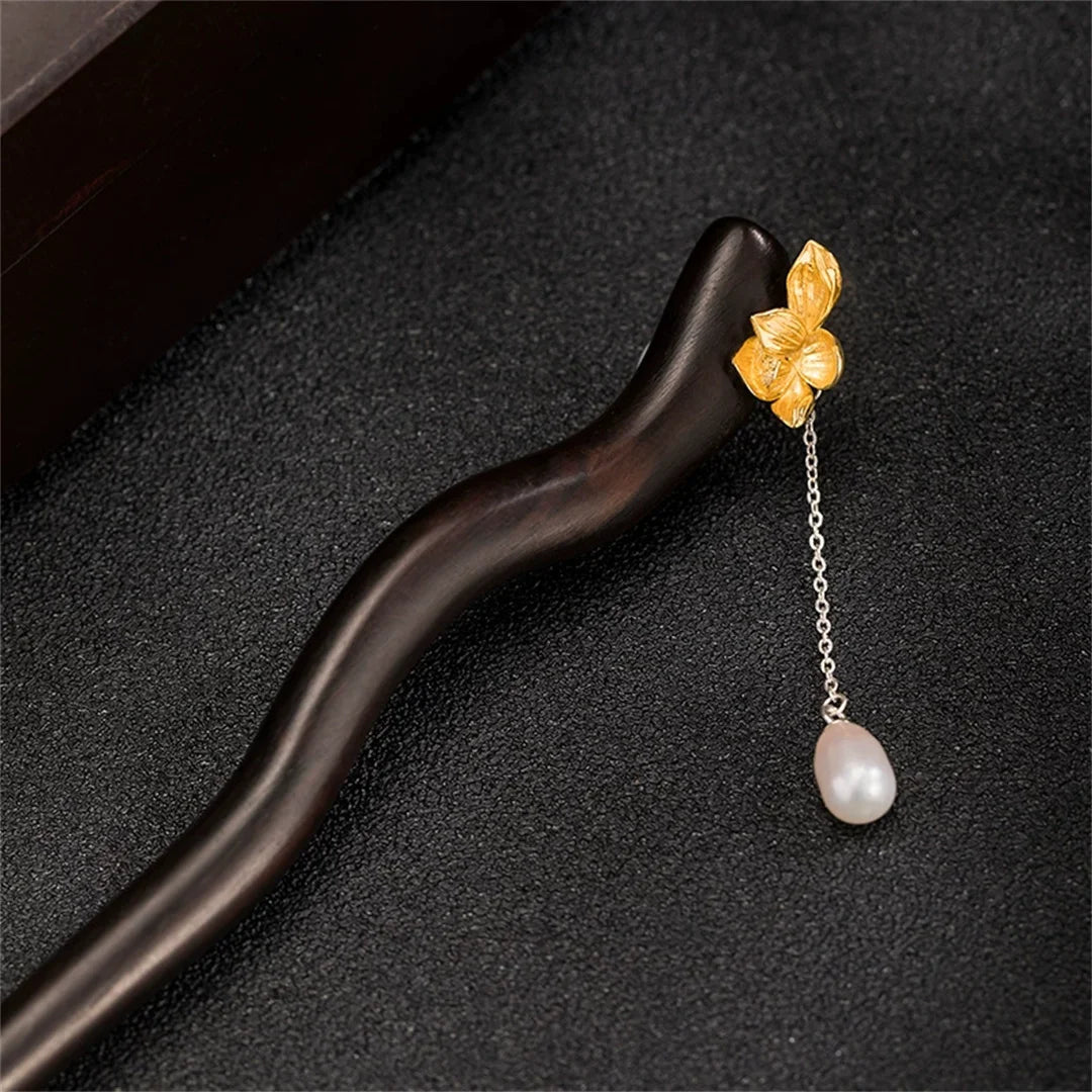 S925 sterling silver womens men hairpin retro ebony wood lotus pearl flower blossom chinese style hanfu hair