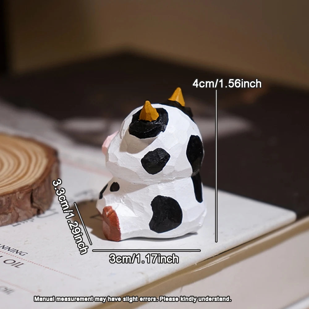 Handcrafted wood carving cow statue cute little figurines desk ornament decorations accessories animal sculpture decor