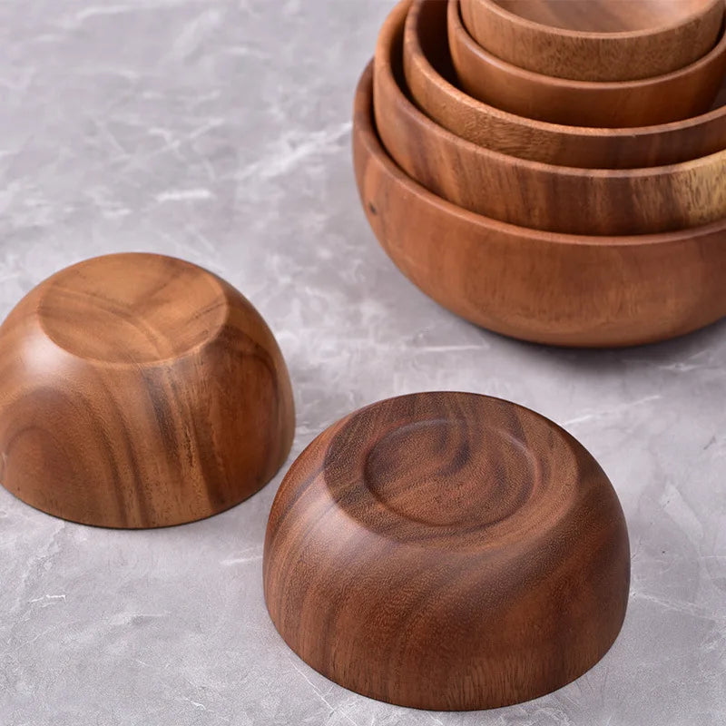 New natural hand-made wooden salad bowl classic large round acacia wood soup dining plates premium kitchen utensils