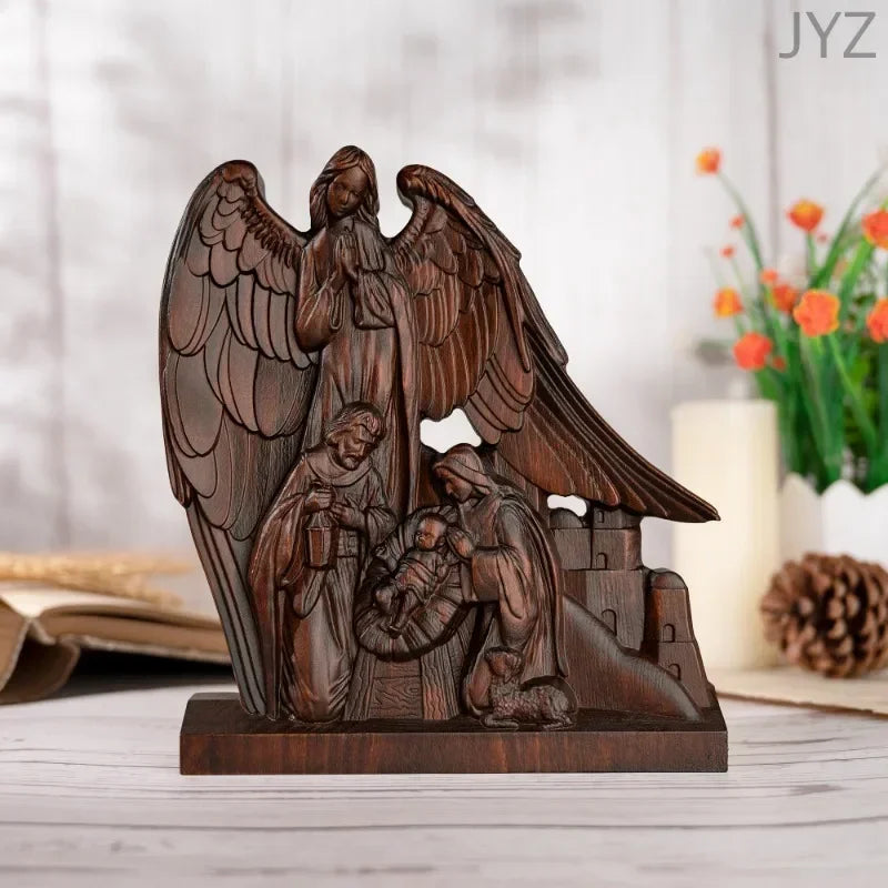 Religious wooden holy family with guardian angel statue,catholic home decor ornament - (christian)