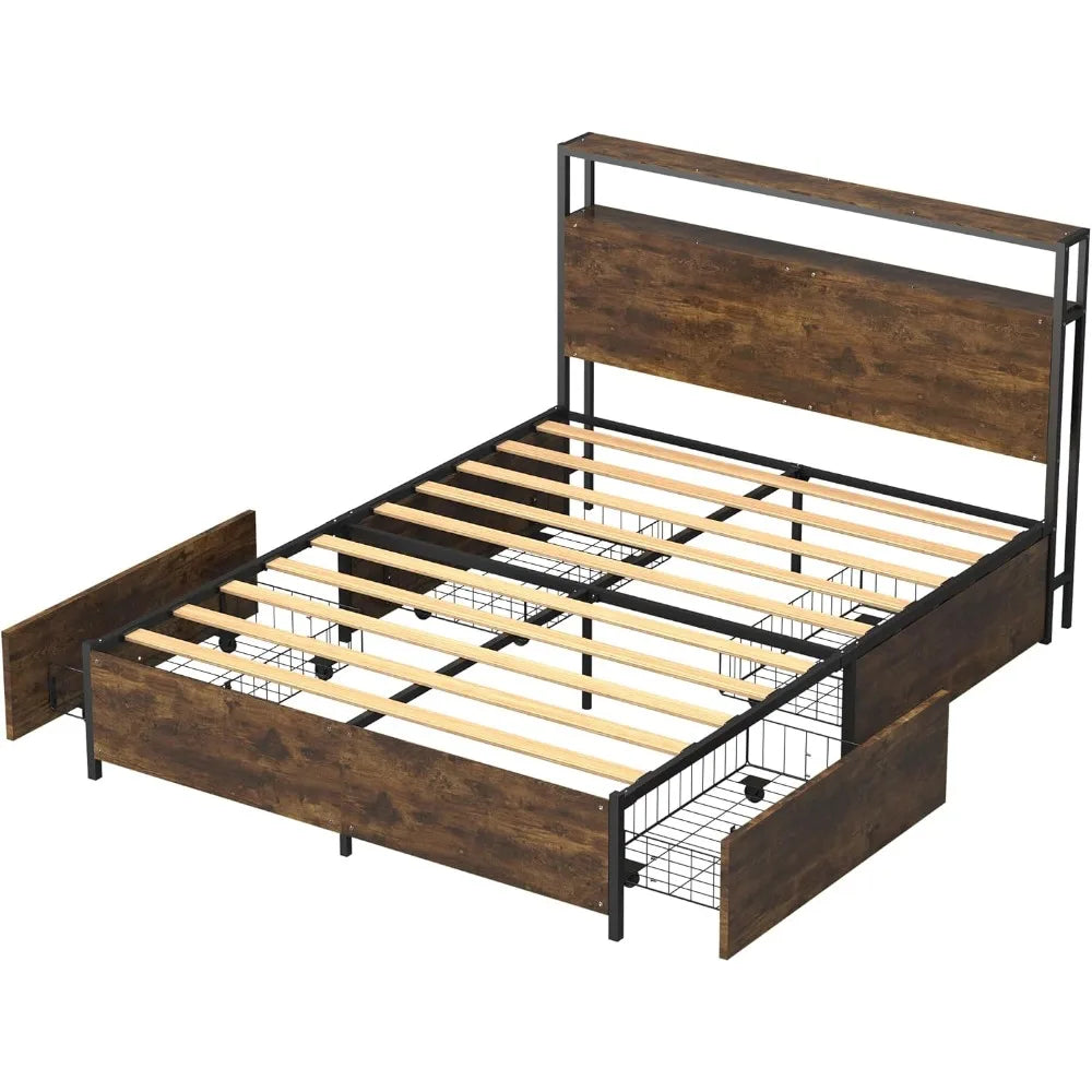 Modern queen size bed frame with 4 storage drawers - industrial metal & solid wood platform sturdy space-saving