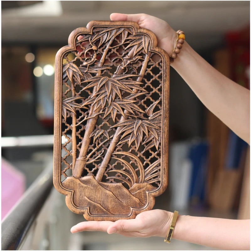 Chinese classical hollow wood carving crafts camphor wall hanging background home decoration height 35cm - walnut color