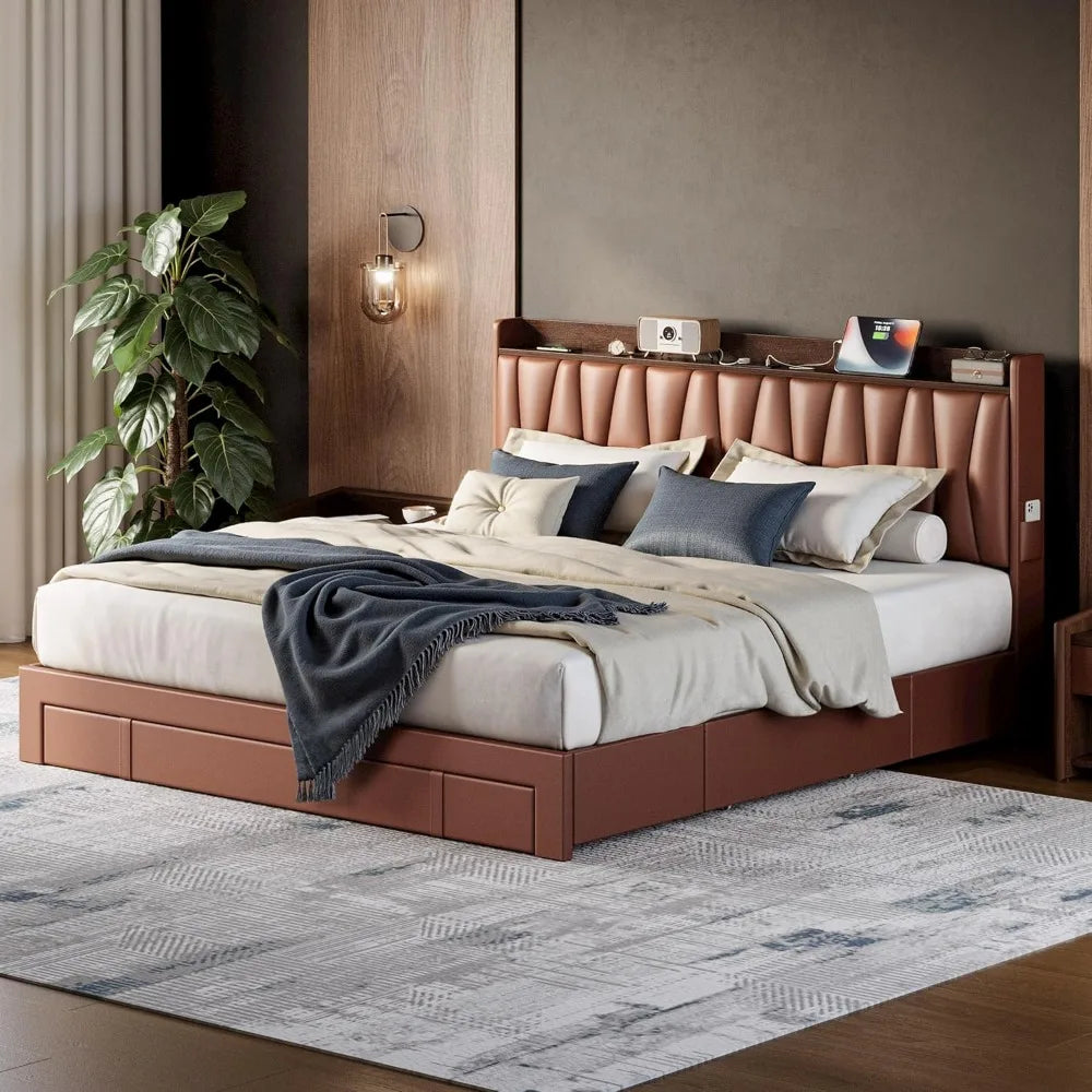 Frame with 3 storage drawers headbord charging station platform bed for bedroom living - united states