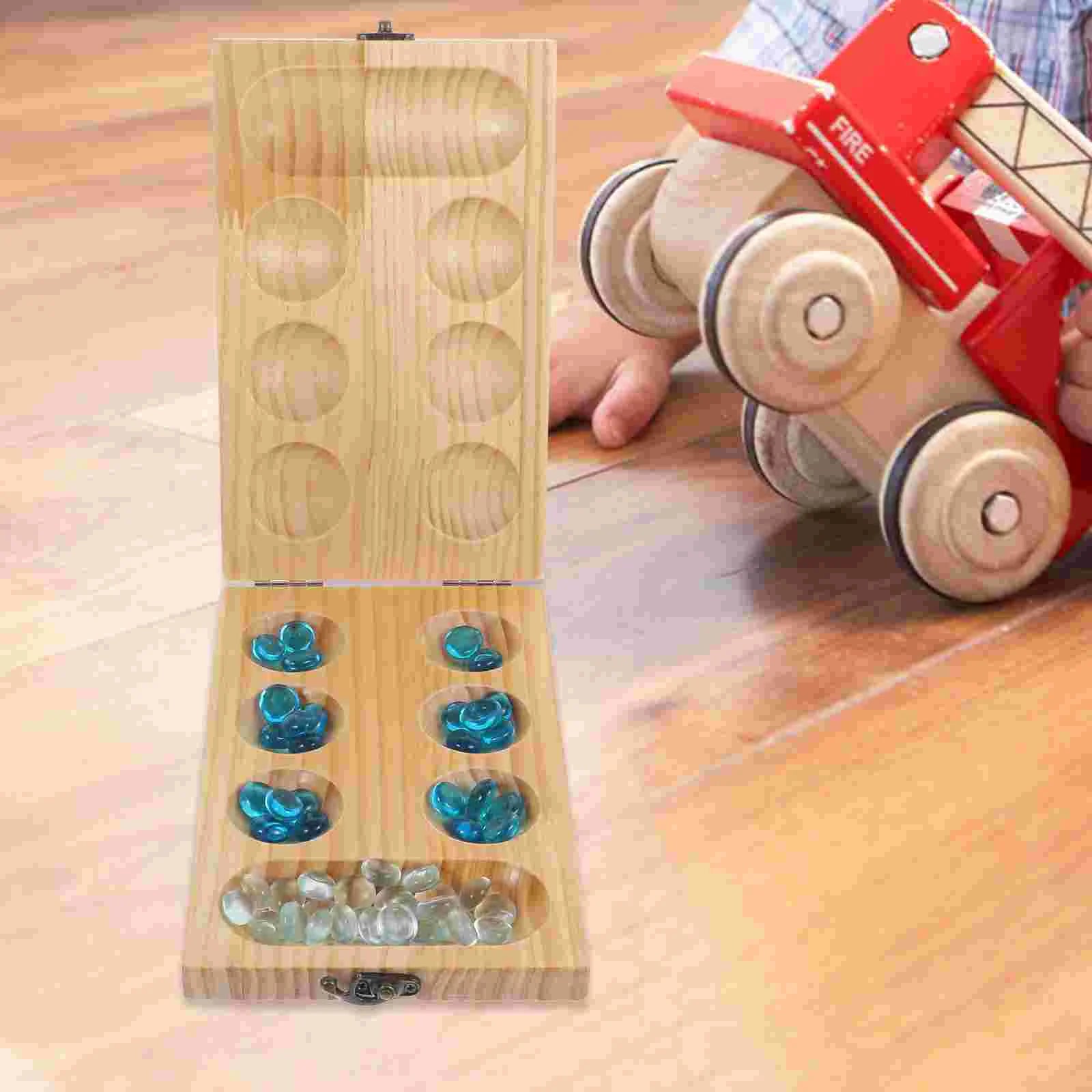 1set foldable wooden mancala board game training chess toy for smooth surface gemstone beads stones plaything