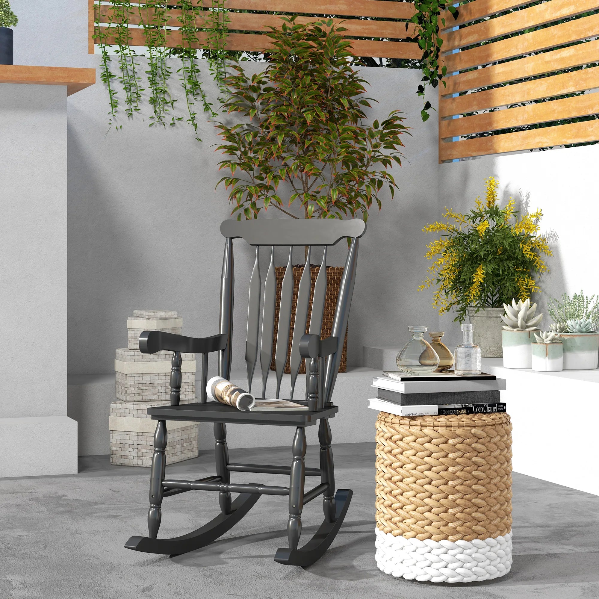 Outsunny 350 lbs outdoor wood rocking chair with high back for patio black - black / united states