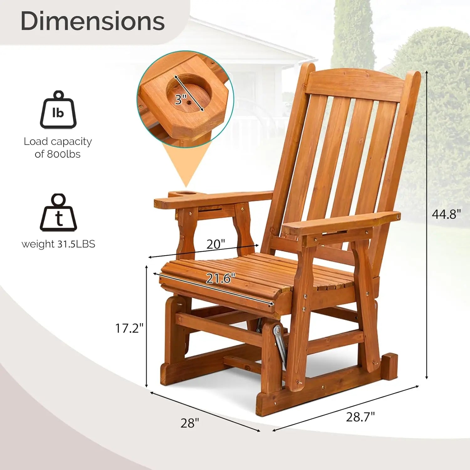 Outdoor glider chair wood patio with cup holder porch smooth rocking mechanism heavy duty 600 lbs - united states