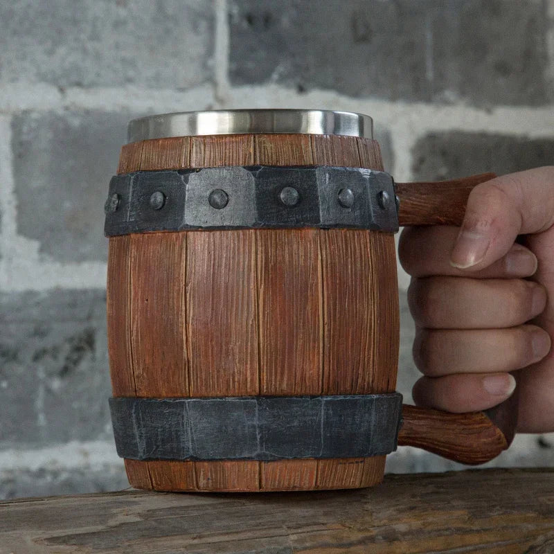 Wood barrel beer mug with rivet leather viking style resin stainless steel tankard coffee wine cup christmas men’s gift