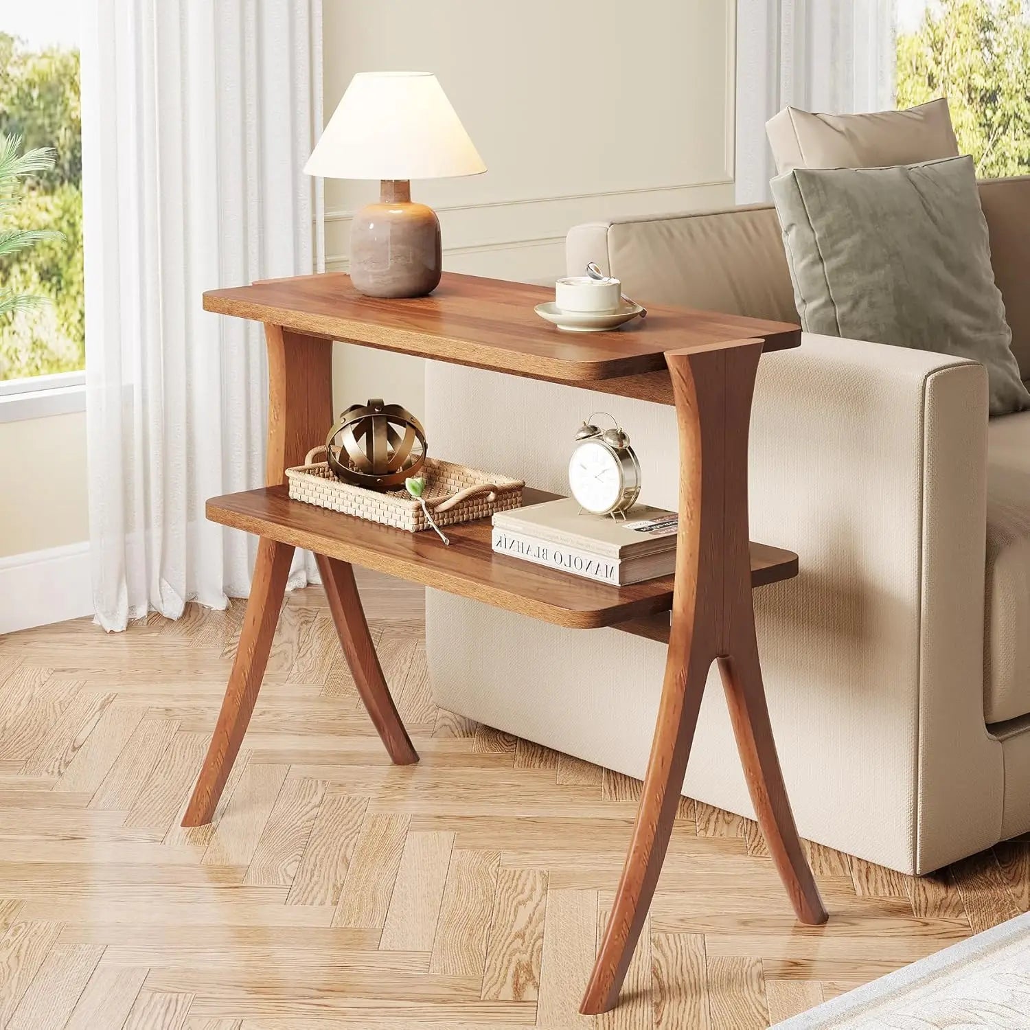 Side table for living room farmhouse end with 2-tier storage shelf and solid wood legs nightstand bedroom - united