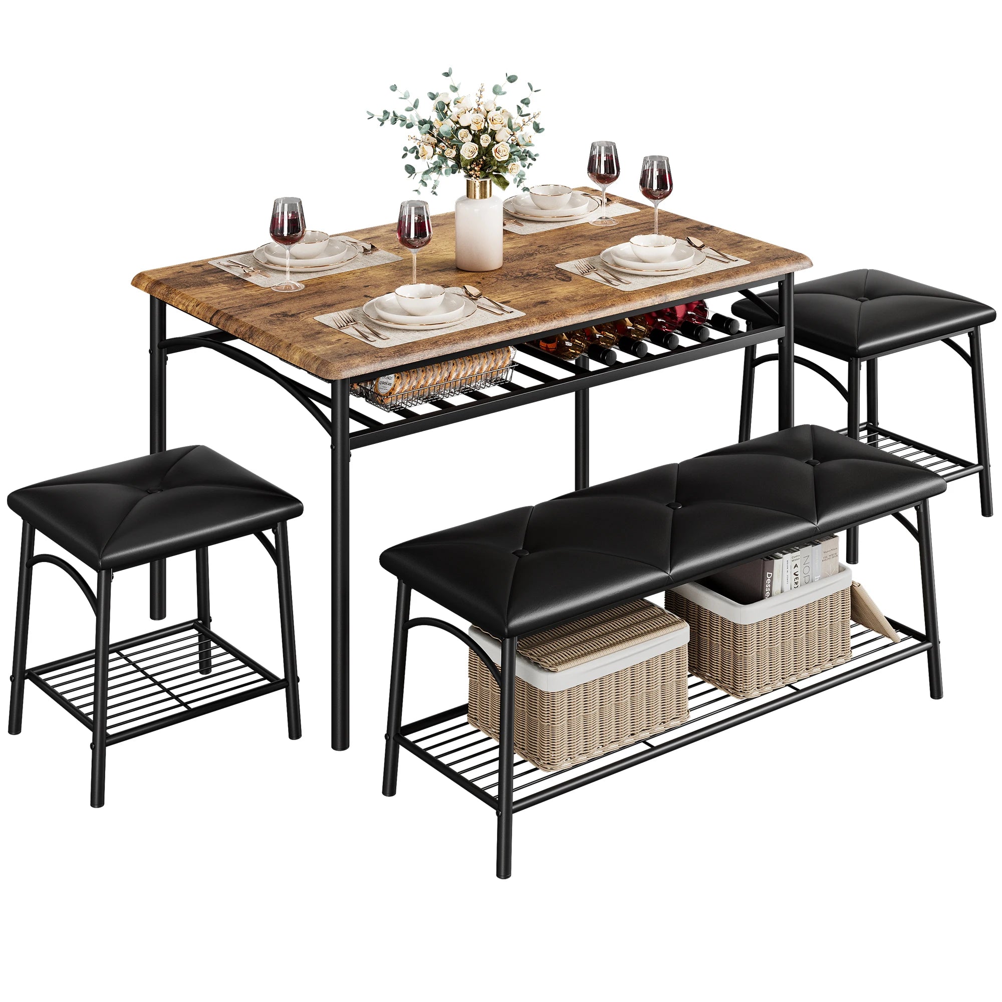 Dining table set for 4 kitchen with upholstered bench and square stools metal wood room - rustic brown set / united