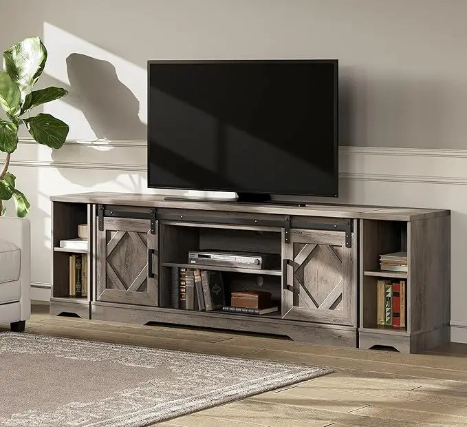 Modern farmhouse 3 in 1 tv stand for up to 85’’ tvs wood entertainment center with sliding barn door and adjustable