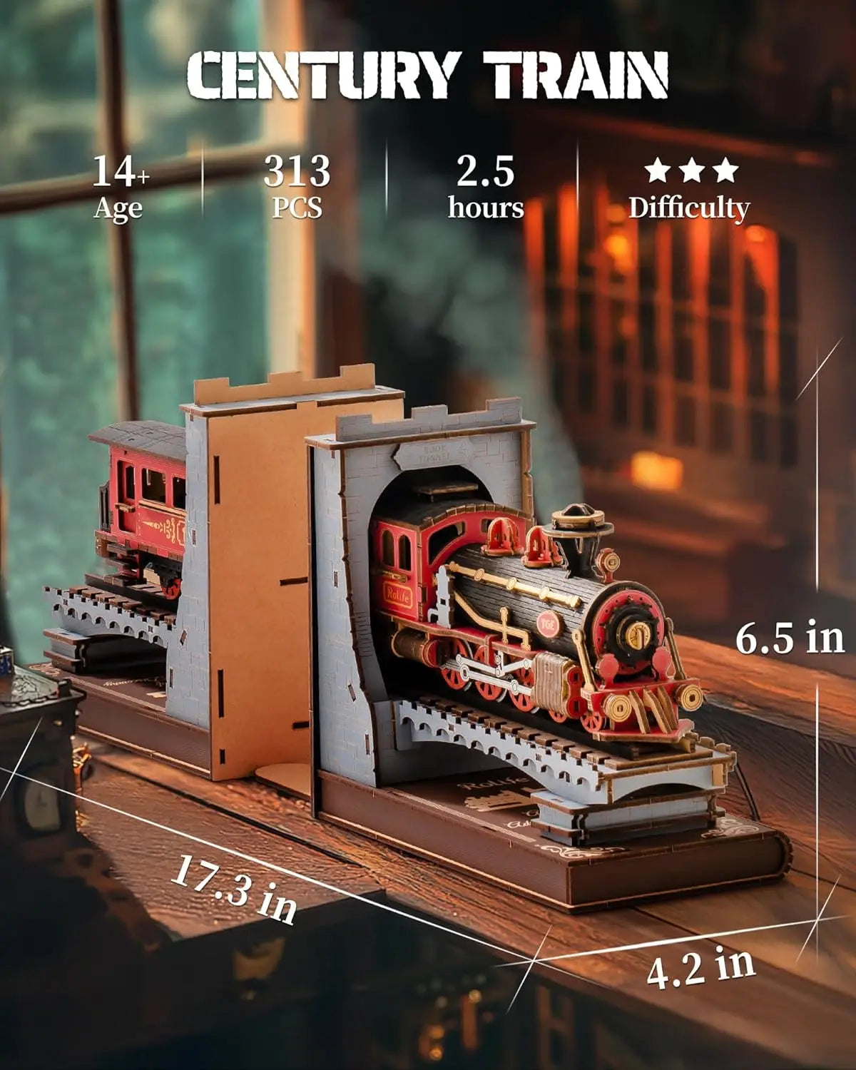 Robotime rolife wooden vintage train kit 3d puzzles diy book nook kit decorative bookends 6.5’’ for adults gifts boys