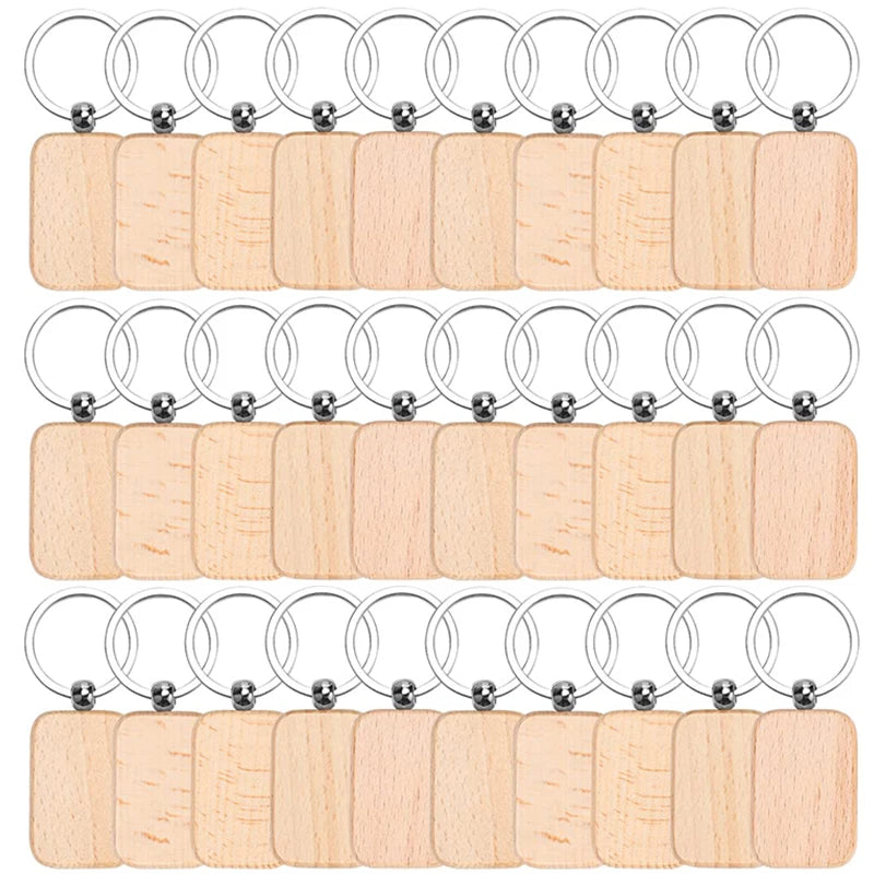 100pcs 9 styles mixed diy blank wooden keychain rectangular round heart shape wood key chain ring