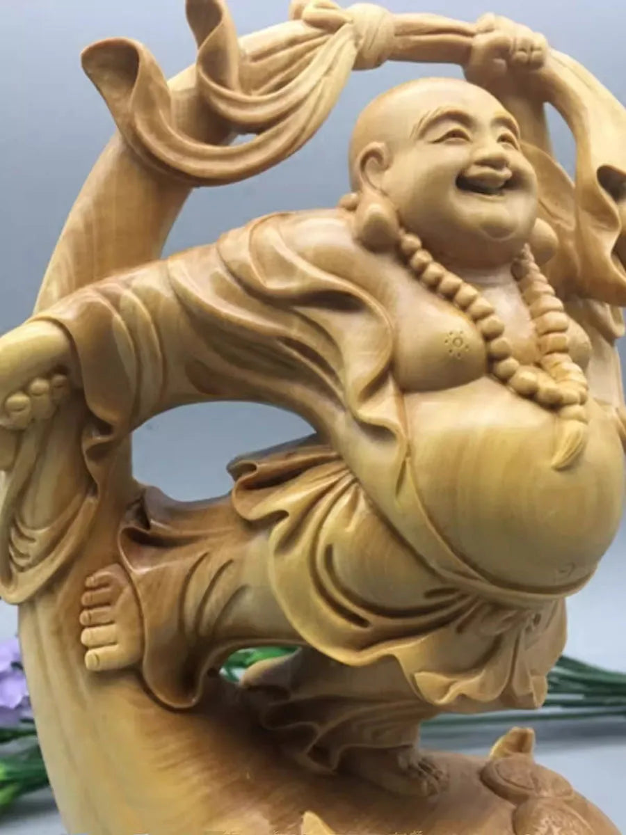 Wooden mi lefo smiling buddha figure statue creative solid wood hand carving cute home decoration fortune ornaments