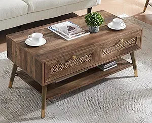 Wooden mid century modern coffee table retangle accent center with two drawers tables for living room white - rustic 2