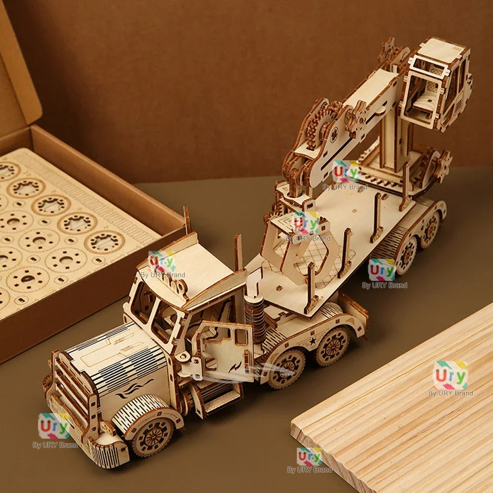 Ury 3d wooden puzzle movable retro biplane crane bulldozer handmade assembly truck model diy toys decoration gift
