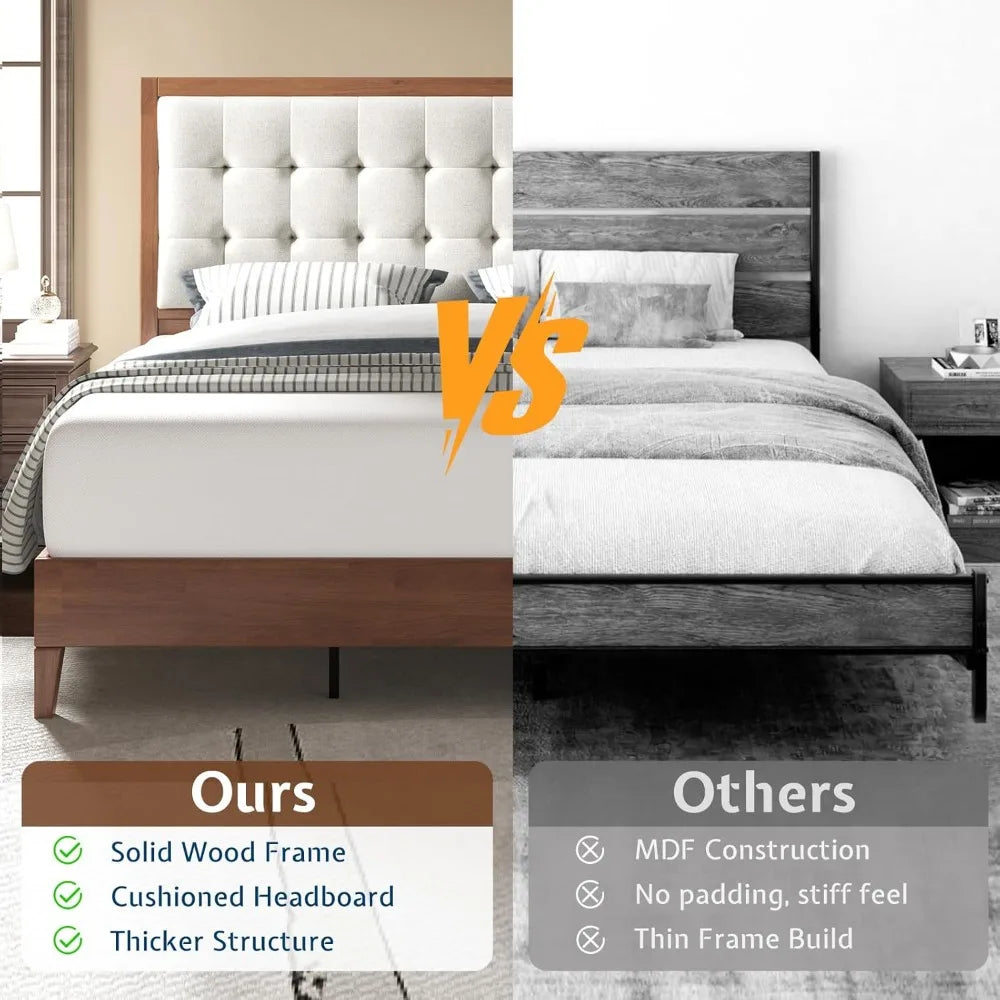 Walnut king-size solid wood bed frame with tall upholstered tufted headboard no box spring required - united states