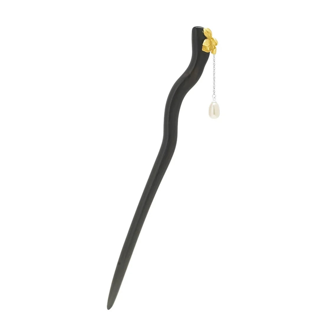 S925 sterling silver womens men hairpin retro ebony wood lotus pearl flower blossom chinese style hanfu hair