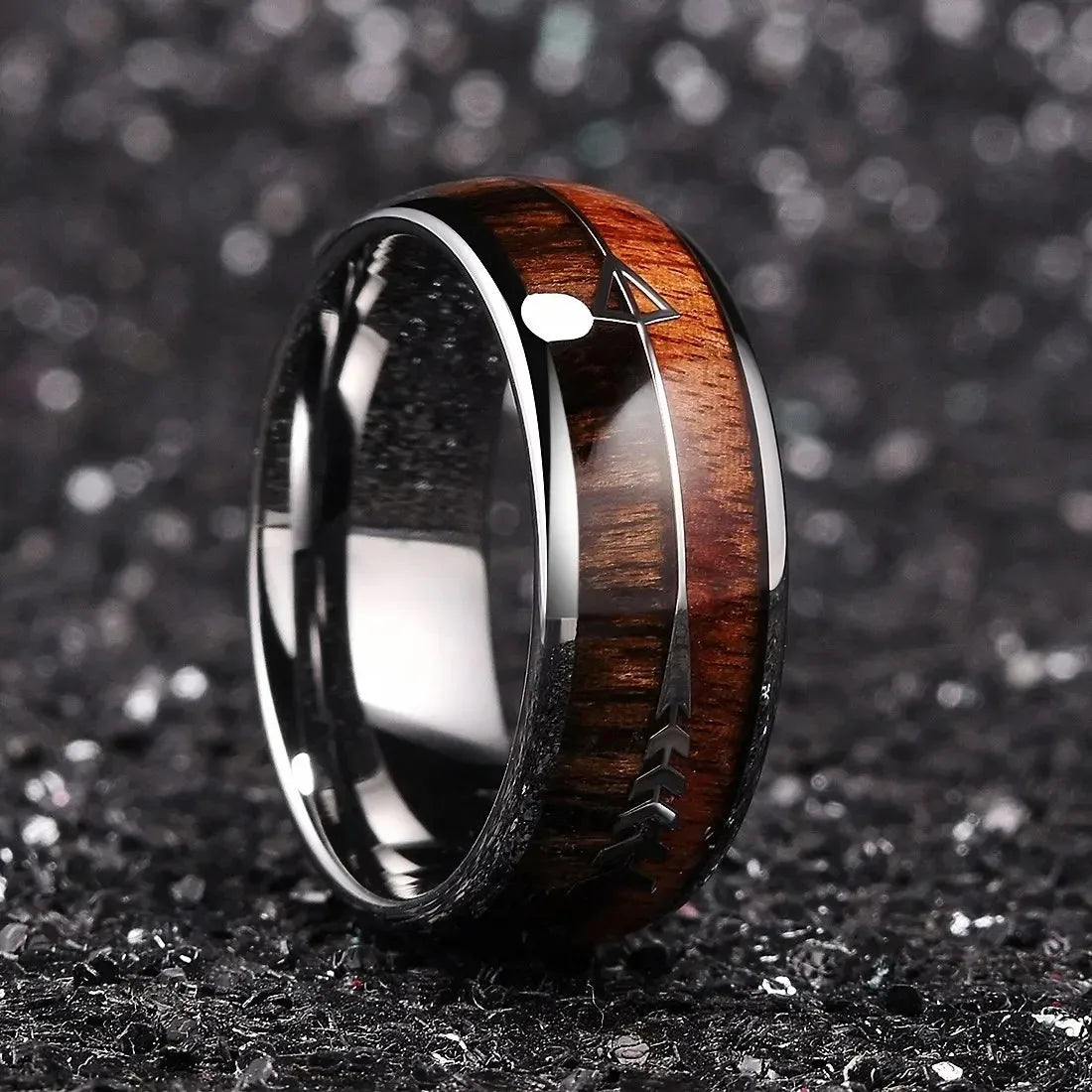 Fashion 8mm silver color stainless steel arrow rings for men women inlaid hawaiian koa wood wedding band jewelry gifts