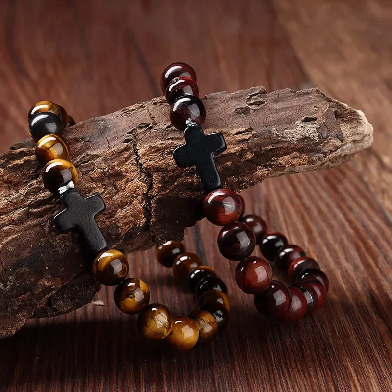 Prayer men natural stone wood beads rosary hematite cross bracelets onyx meditation bracelet women yoga jewelry homme