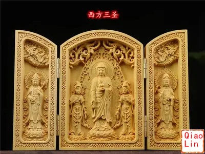 Solid wood carving three open buddha statue collapsible sculpture living room and bedroom decoration modern art - 13
