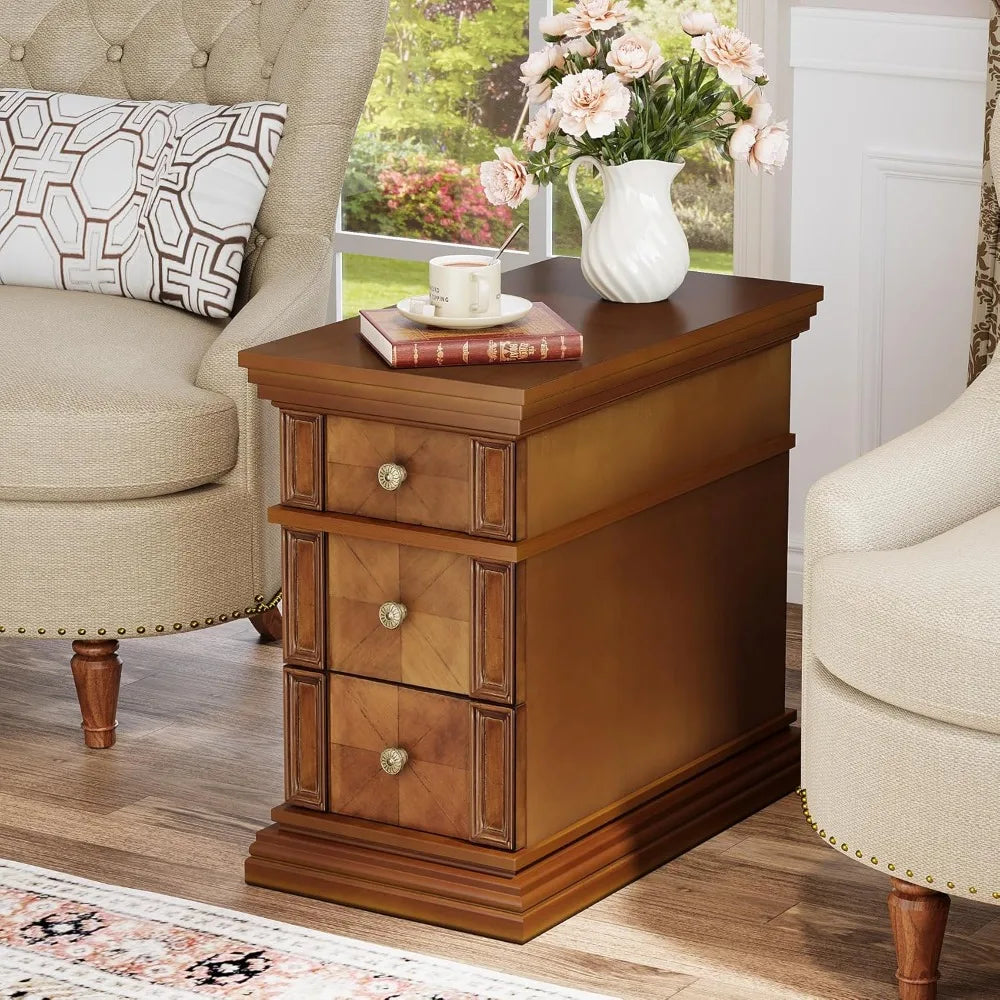 Vintage 3-drawer narrow end table slim rectangular wooden bedside furniture for living room