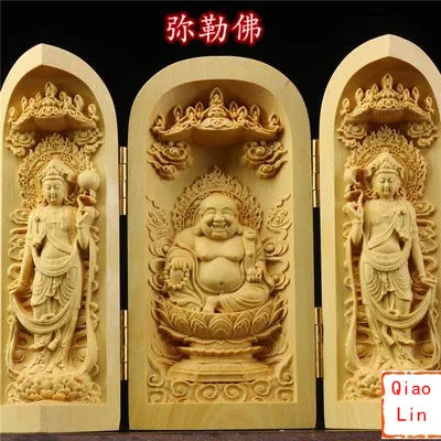 Solid wood carving three open buddha statue collapsible sculpture living room and bedroom decoration modern art - 3