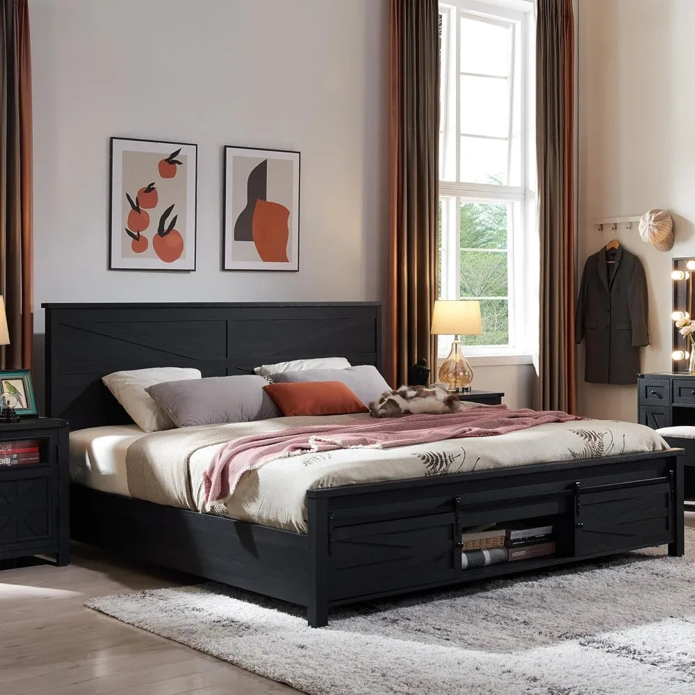 Jxqtlingmu farmhouse wood bed frame king size with sliding barn door storage cabinets and headboard solid slats support