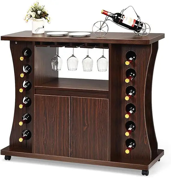 Rolling wood buffet cabinet with wine storage for 12 bottles and glass holder - united states / walnut - rack