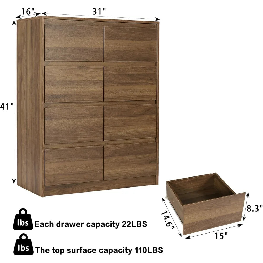 Modern tall 8-drawer double dresser in wood for bedroom storage