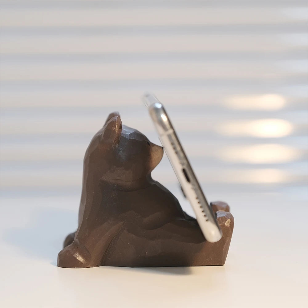 Handcrafted wood carving home decorations desk accessories room decor handmade brown bear statue phone stand