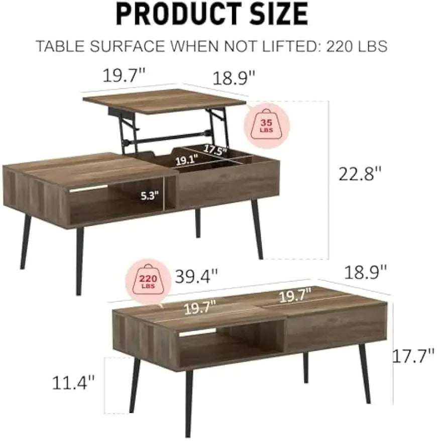 Coffee table 39’’ lift top with hidden compartment small wooden center for home living room natural - united states