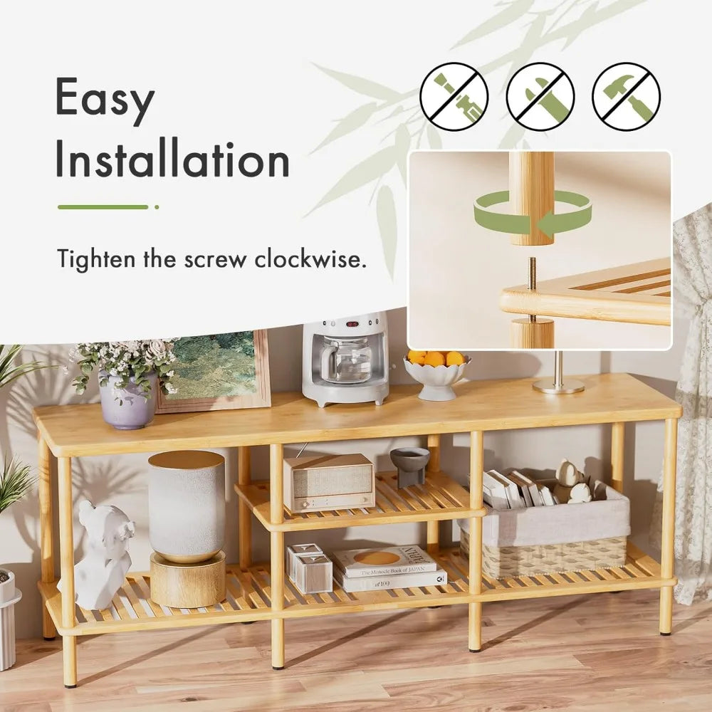 Bamboo tv stand for 60-65 inch tvs: 3-tier open storage entertainment center wooden living room table - natural