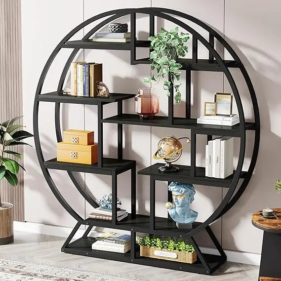 Bookshelf round bookshelves etagere bookcase 63 inch industrial wood book shelf with staggered shelves rustic open