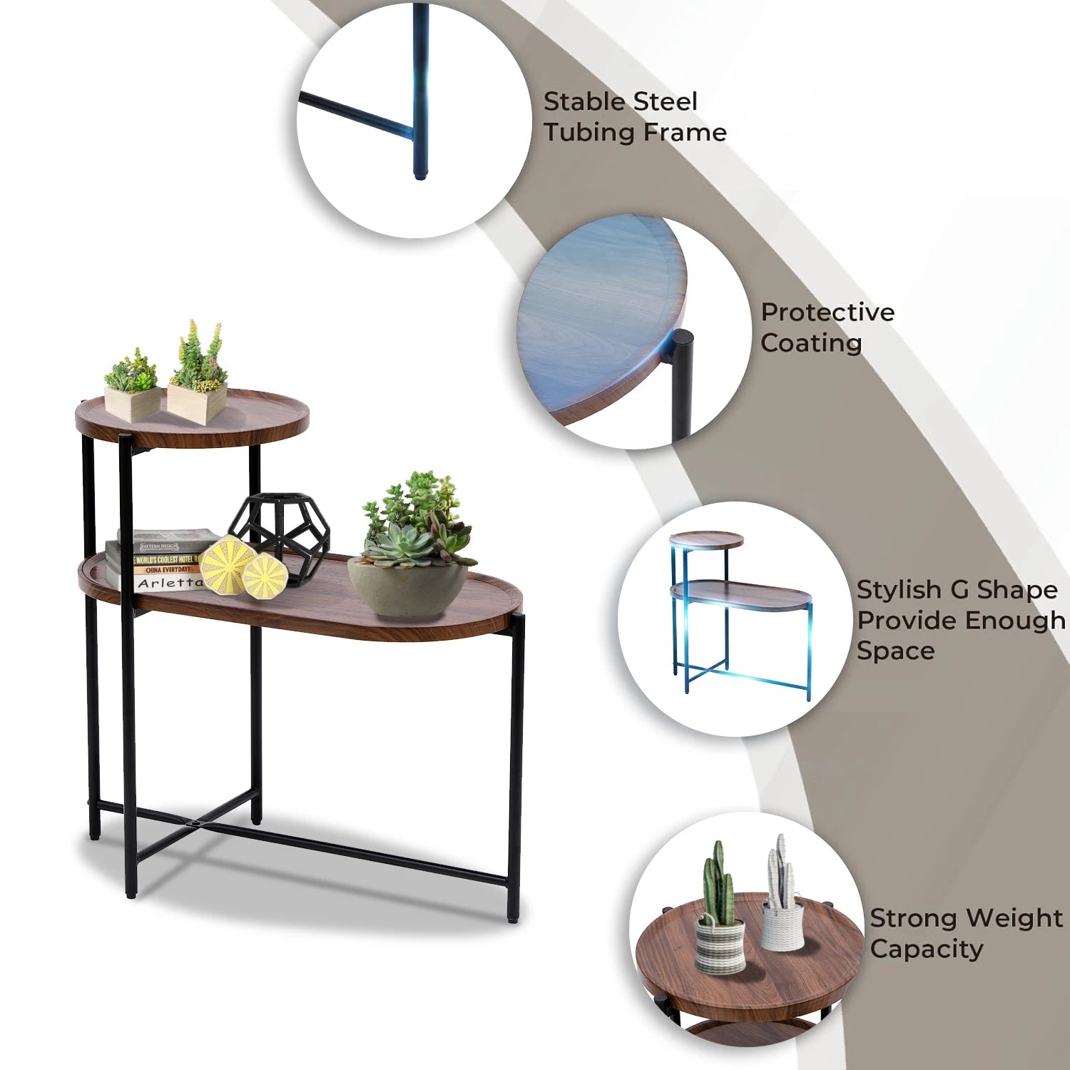 Round coffee table with storage tray 2 tier oval end tables wooden small side for living room - united states / walnut