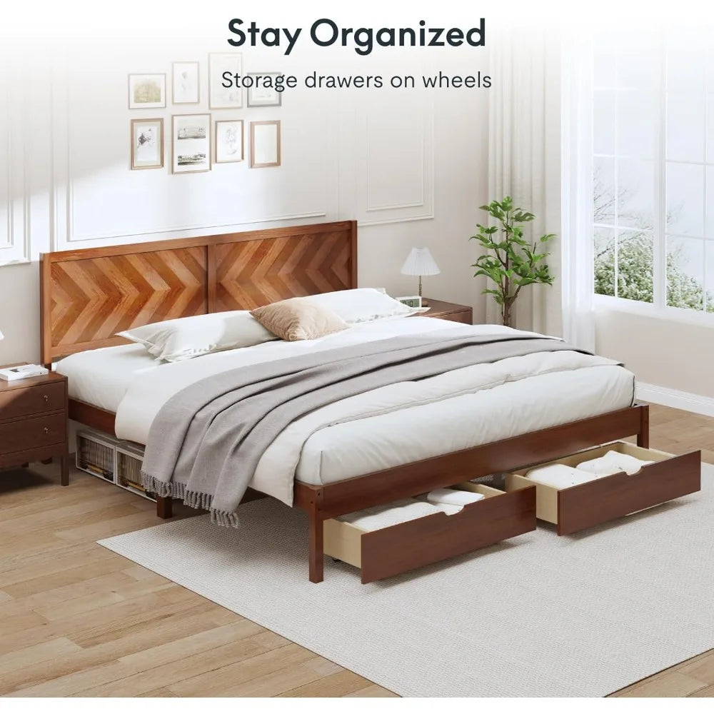 Flexispot solid wood king bed frame elegant herringbone headboard storage drawers 750 lbs capacity mid-century modern