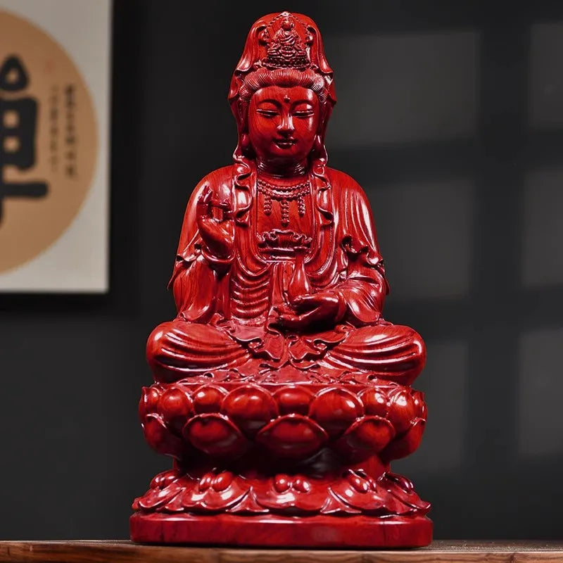 Solid wood carving lotus guanyin statue，safflower pear， black sandalwood wooden buddha statue home feng shui decoration