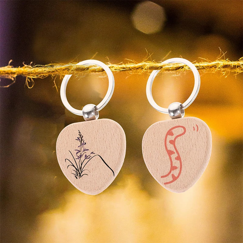 50pcs natural wooden key ring heart anti lost wood keychains - chain