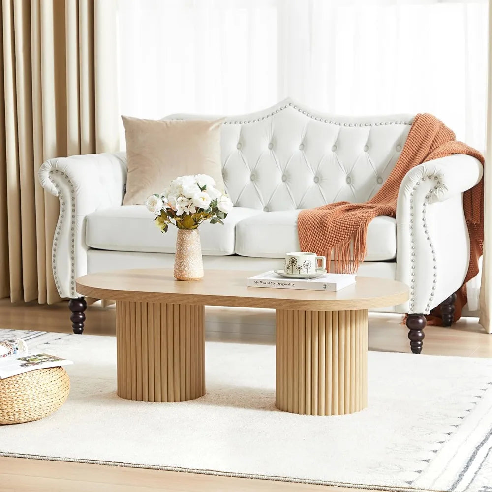 Fluted oval coffee table for living room boho modern with legs curved round wood center home s