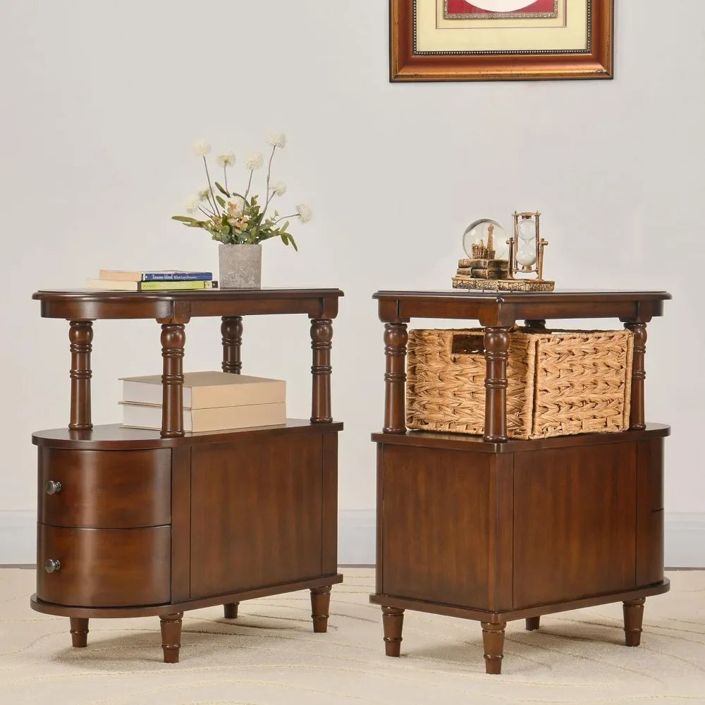 Set of 2 solid wood end table with drawers narrow sofa side slim chair storage shelf vintage