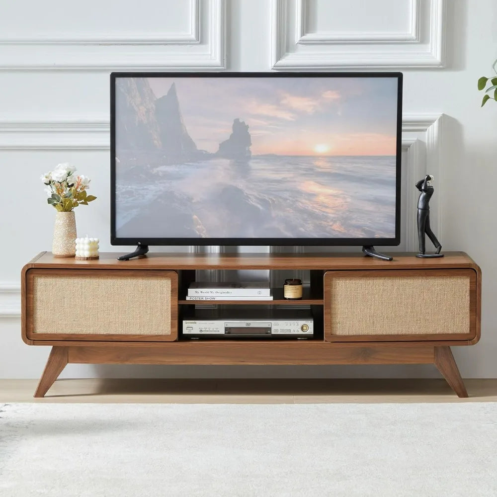 Mid century modern tv stand for tvs up to 65’’ farmhouse entertainment center with storage cabinet table nature linen