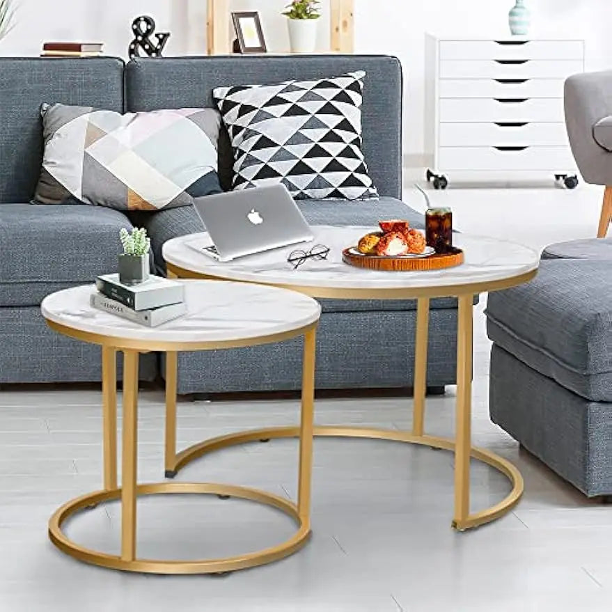 Coffee table nesting white set of 2 side golden frame circular round and marble pattern wooden tables living room