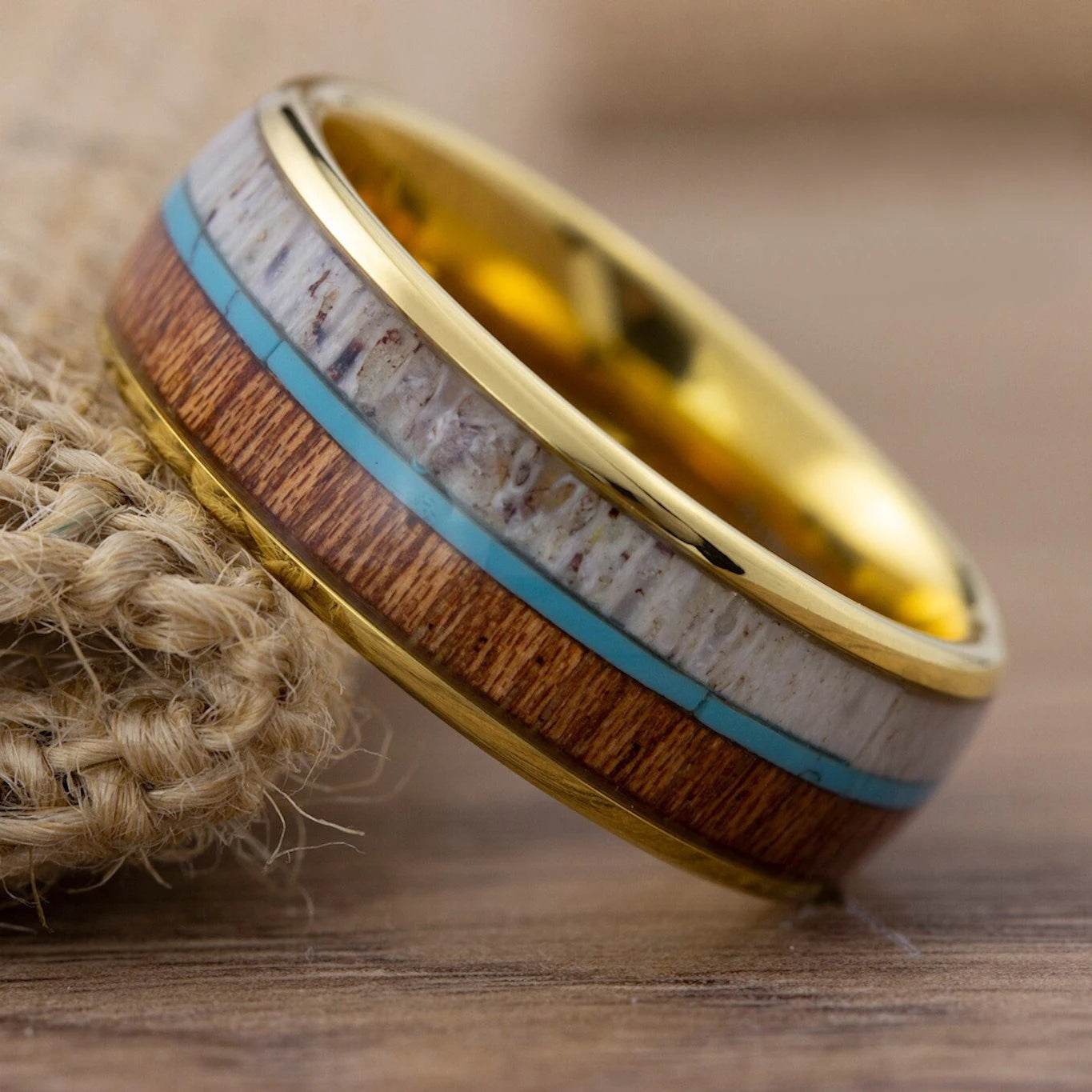 Fashion hammered stainless steel rings for men deer antler and koa wood inlay whiskey barrel wedding engagement jewelry