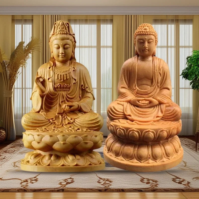 Natural cypress guanyin sakyamuni buddha characters statue，solid wood statues home room office feng shui art statue