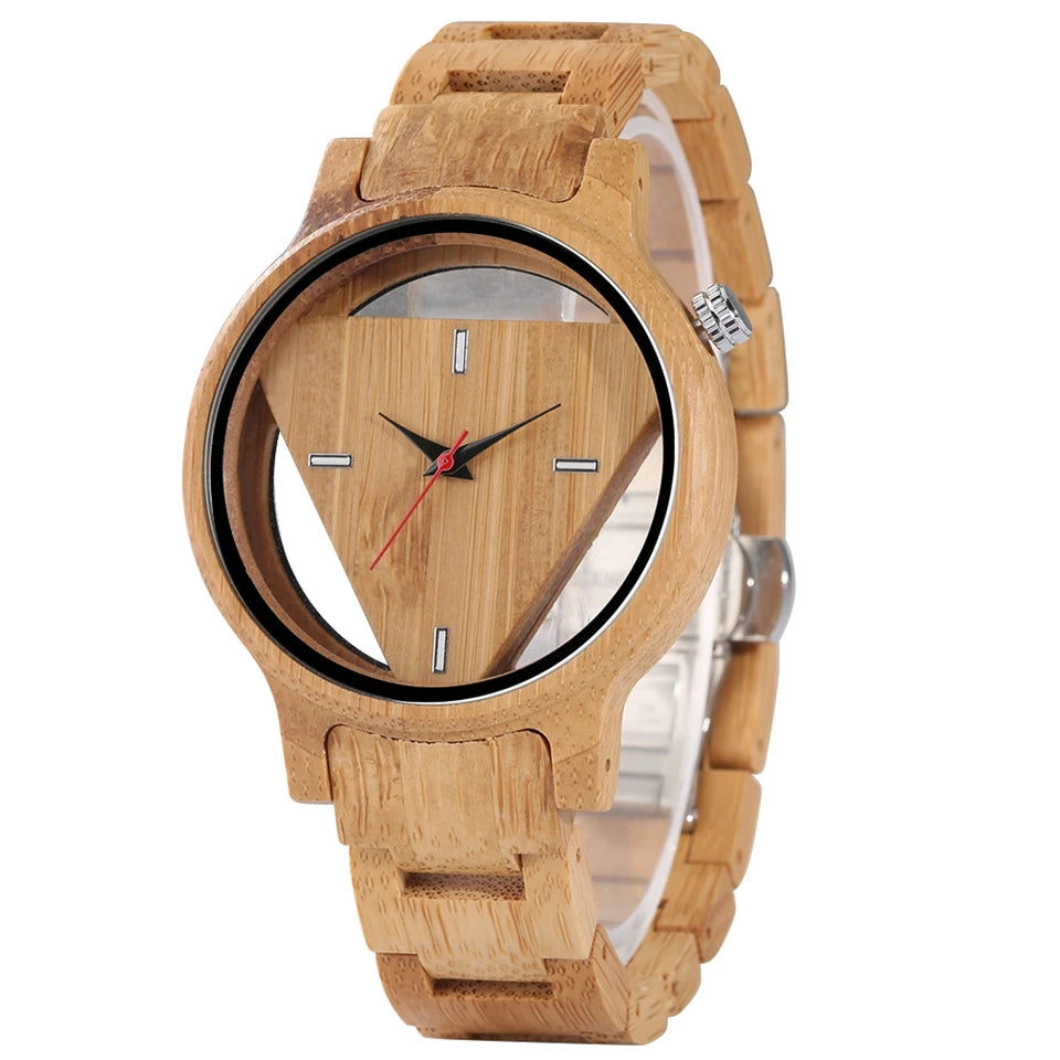 Geometric mens watches superb inverted triangle bamboo wooden band clock male full quartz wristwatches relogio