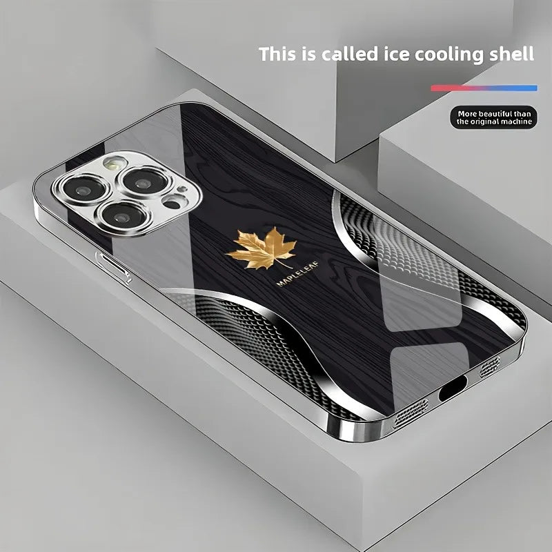 Gold maple leaf wood grain curve pattern phone case for iphone 17 16 15 14 13 12 11 pro max plus 16e air tempered glass