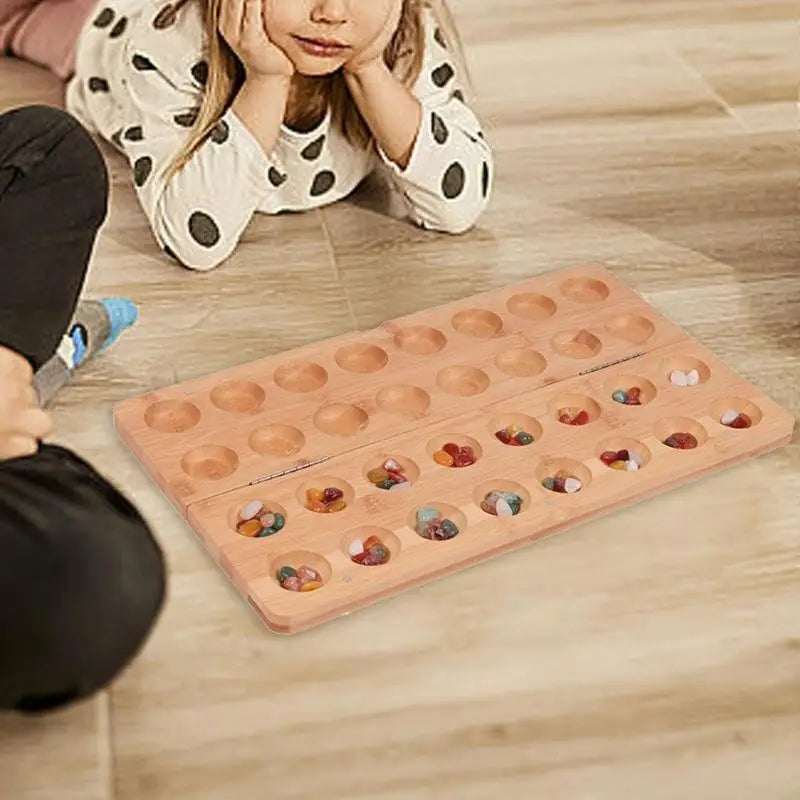 Foldable wooden mancala board game for 2 includes 65 glass rockss 69hd