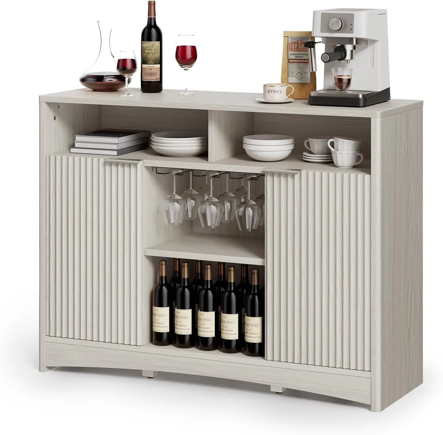 Modern coffee bar cabinet with storage fluted wood buffet sideboard wine and glass rack liquor adjustable - grey
